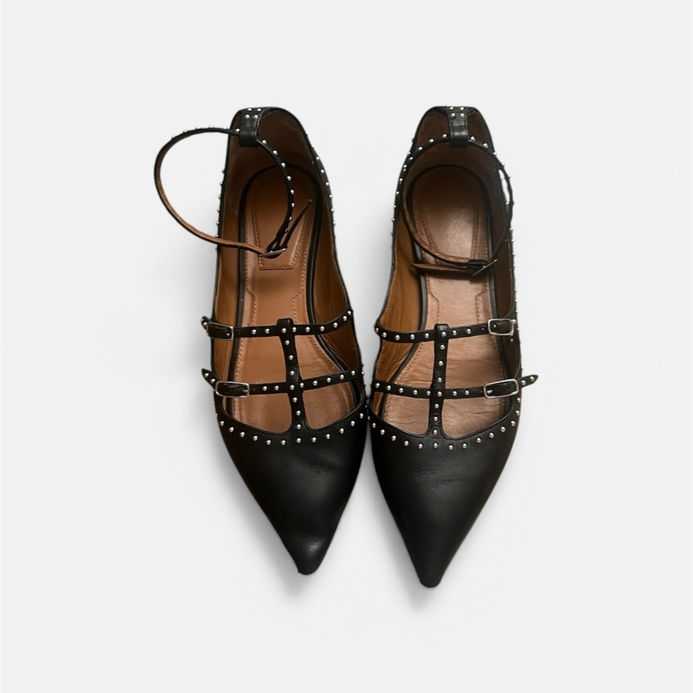 Givenchy Black Pointed Studded T-Strap Flats